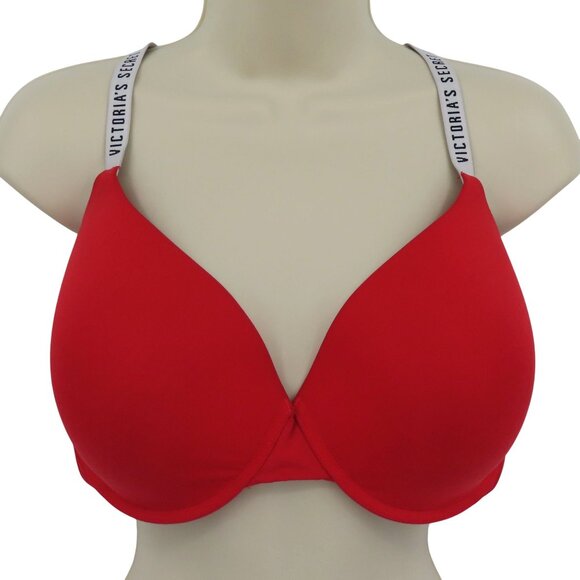 Victorias Secret 38DDD T Shirt Lightly Lined Demi Bra Red Underwire Logo Straps - Picture 1 of 16